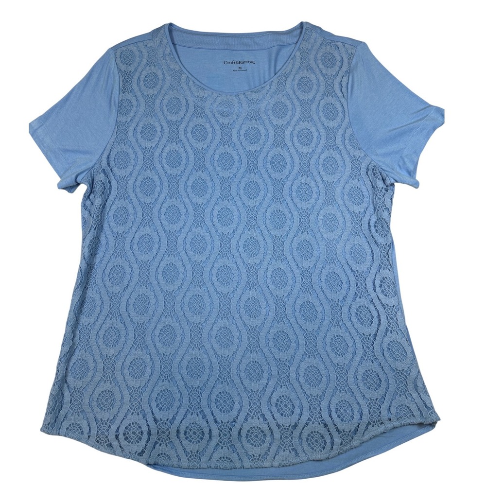 Croft & Barrow Women Blue Lace Front Short Sleeve Knit Top Medium Geometric Sz M